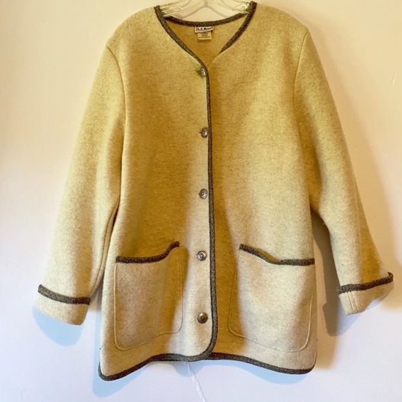 LL Bean Womens Boiled Wool Coat Jacket Silver Buttons Beige Front Pockets Medium - Picture 7 of 7